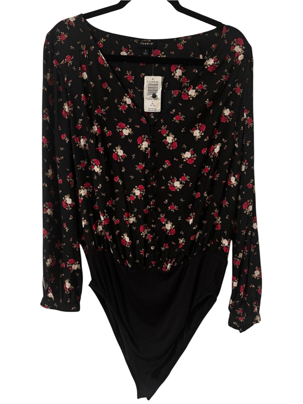 torrid Black Floral Long-Sleeve V-Neck Bodysuit with Red & Cream Flowers